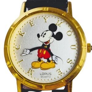 Disney Lorus Mickey Mouse Gold-Toned Watch Black Band Rare